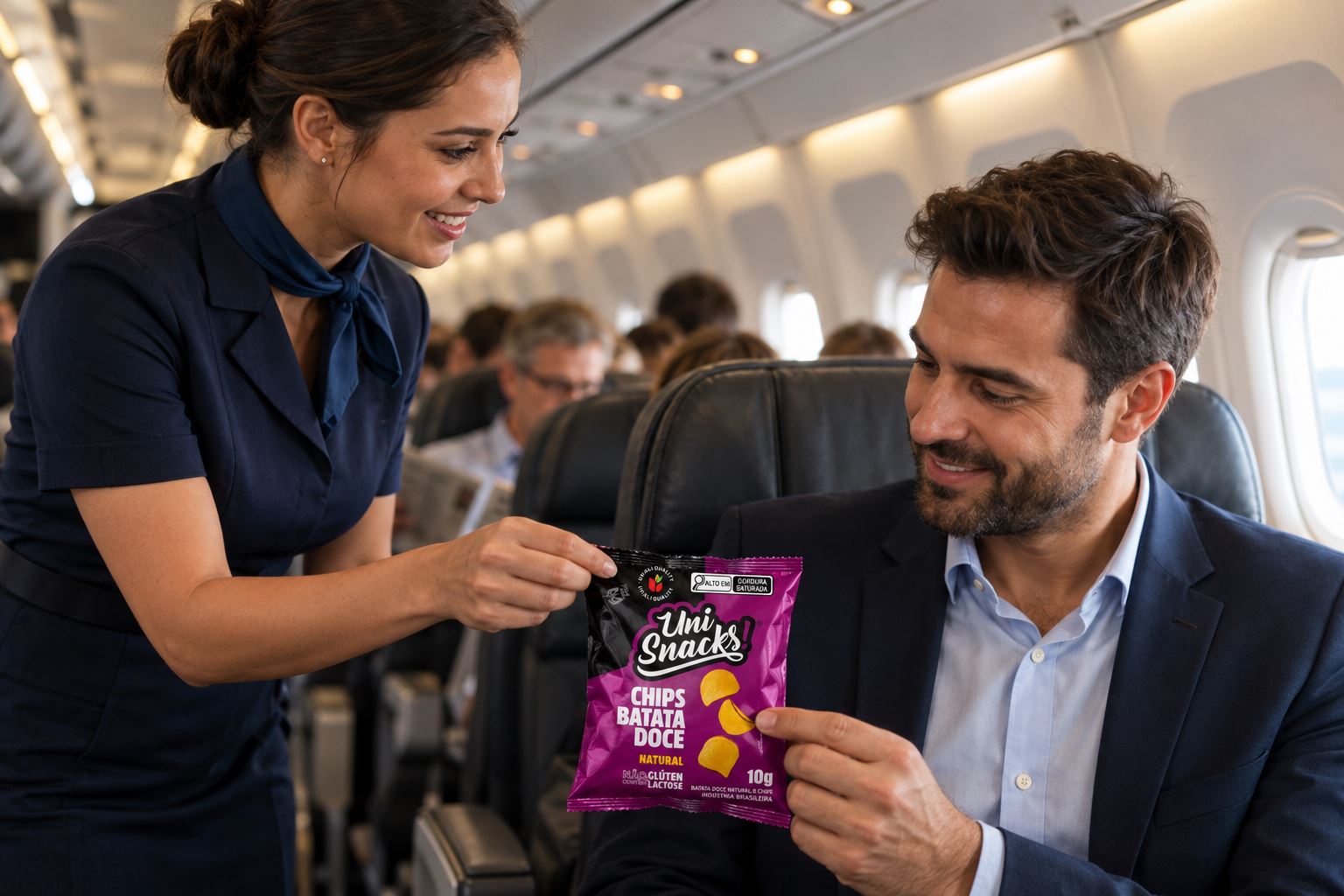 Comissária de bordo entregando Uni Snacks a um passageiro no avião
