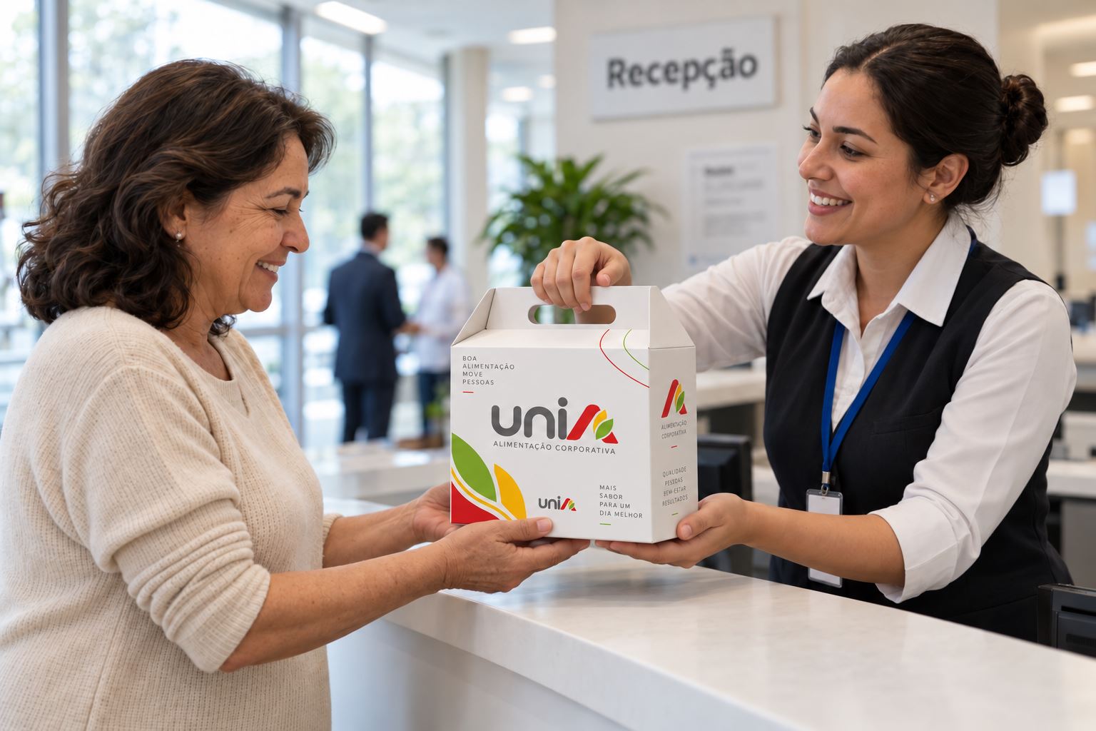 Recepcionista entregando kit lanche UniA para uma paciente na recepção