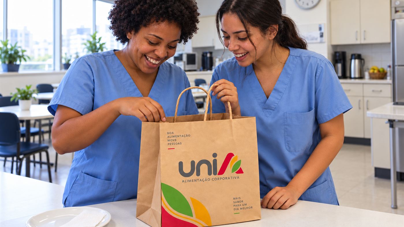 Enfermeiras de plantão abrindo a sacola do kit lanche UniA no refeitório do hospital