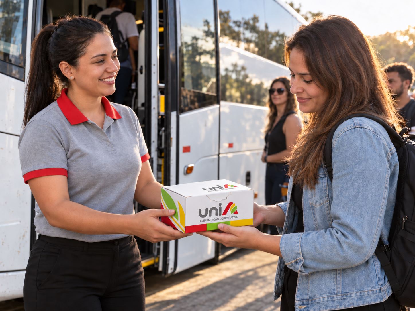 Funcionária da UniA entregando kit lanche para passageira no embarque do ônibus fretado