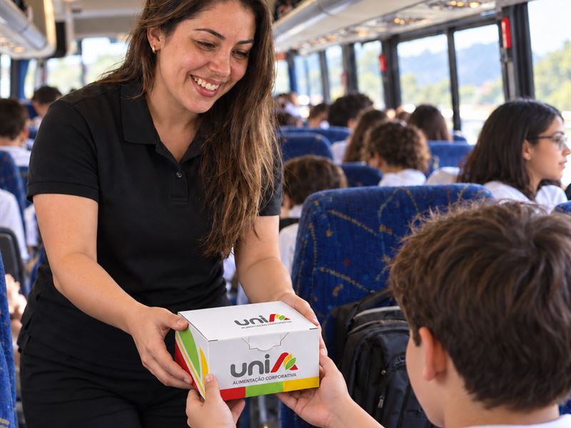 Funcionária da UniA entregando kit lanche a um aluno dentro do ônibus de excursão escolar