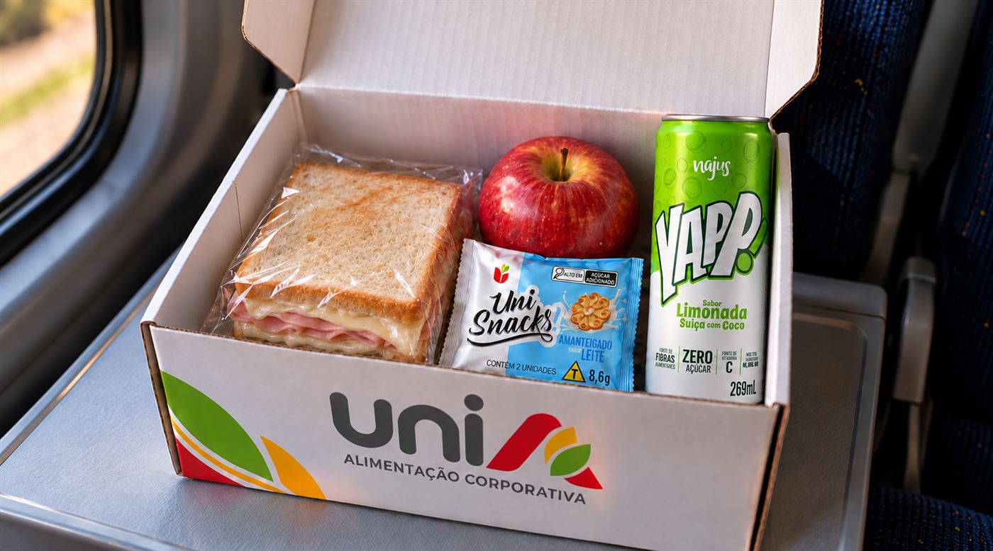 Kit lanche UniA aberto na bandeja do ônibus, com sanduíche, maçã, Uni Snacks e Yapp