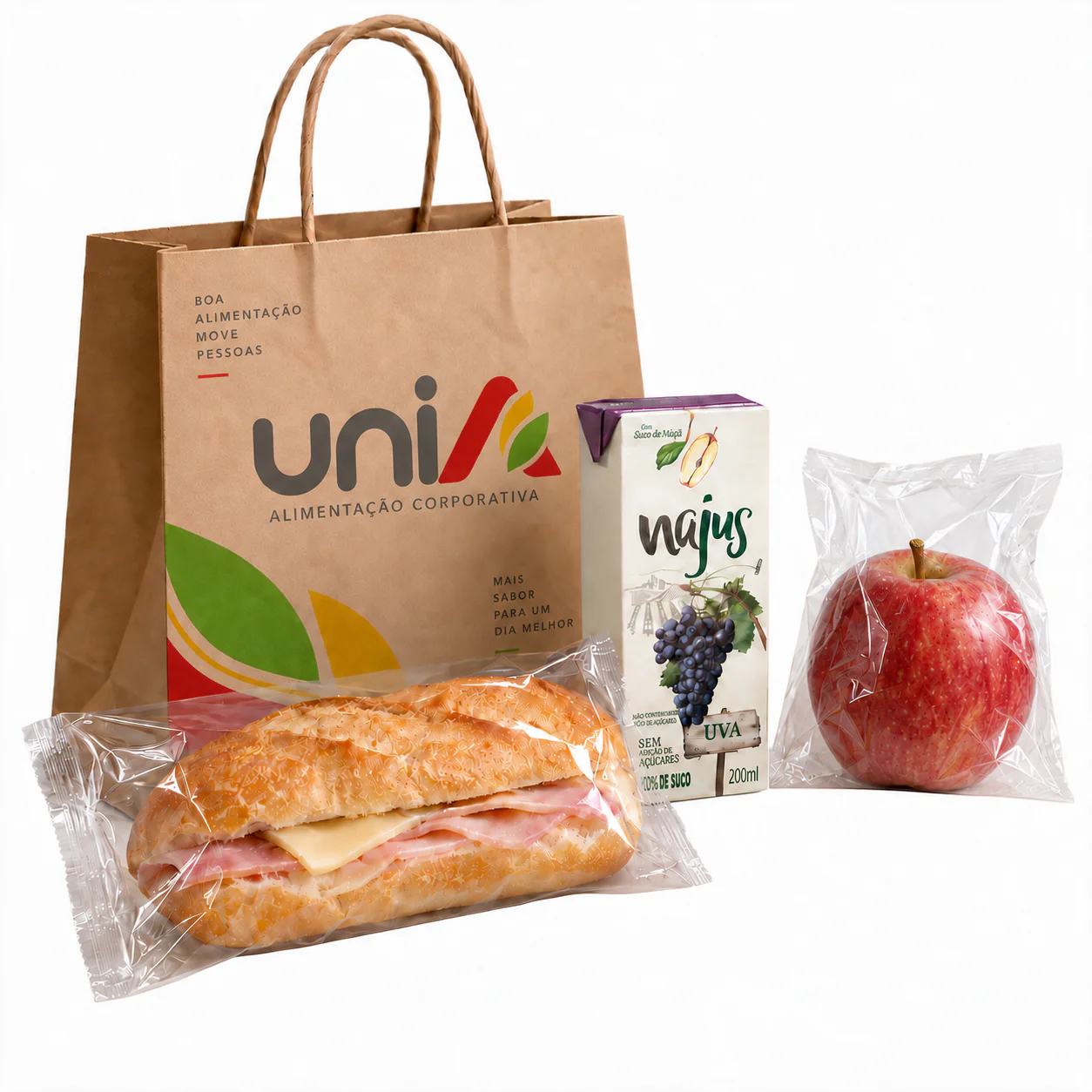 Kit lanche UniA com sacola, sanduíche, suco Najus e maçã